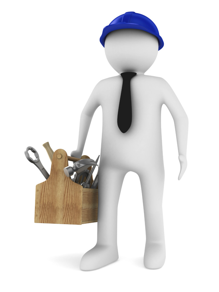 Man with wooden toolbox. Isolated 3D image